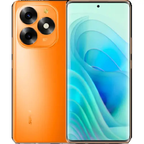 Itel S23 Plus in energetic orange
smartphone showing front and back on a white background.