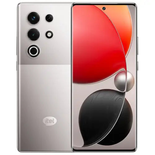 A silver Itel S25 Ultra smartphone with a red and black design on the screen and multiple camera lenses on the back.