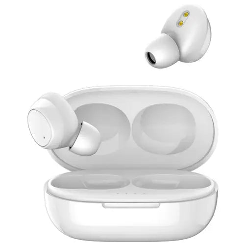 A pair of white Itel Wireless Earbuds (KT-01) in an open charging case.