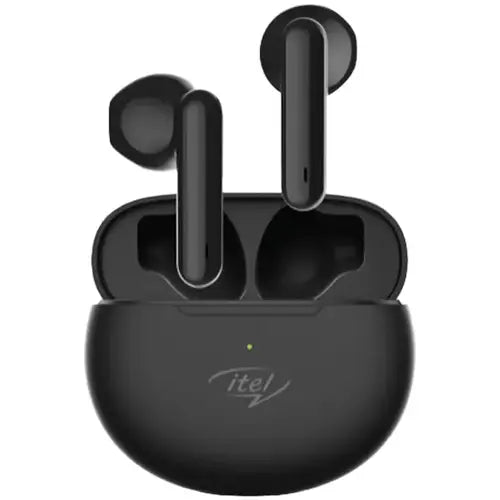 A pair of black Itel Wireless Earbuds T1 Neo in their charging case.