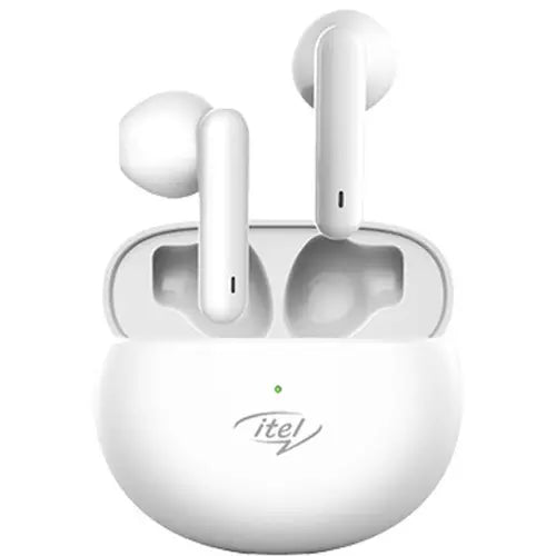 A pair of white Itel Wireless Earbuds T1 Neo in their charging case.