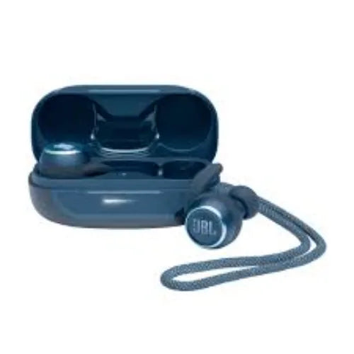 Blue JBL Reflect Mini NC: True Wireless Noise Cancelling Sport Headphones with charging case on a white background