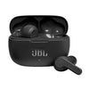 JBL Wave 200 TWS True Wireless Earbuds in black color, with the charging case open and one earbud partially inserted into the case.