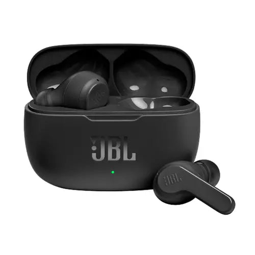 JBL Wave 200 TWS True Wireless Earbuds in black color, with the charging case open and one earbud partially inserted into the case.