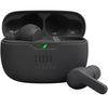 A pair of black JBL Wave Beam True Wireless Earbuds with a charging case.