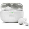 A pair of white JBL Wave Beam True Wireless Earbuds with a charging case.