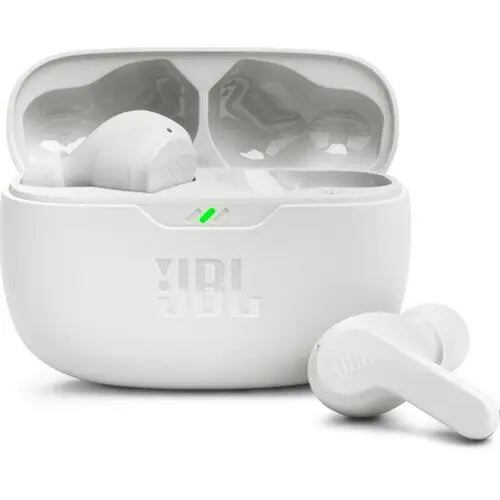 A pair of white JBL Wave Beam True Wireless Earbuds with a charging case.