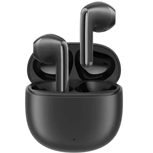 A pair of black Joyroom Funpods Series JR-FB1 True Wireless Earphones inside their charging case.