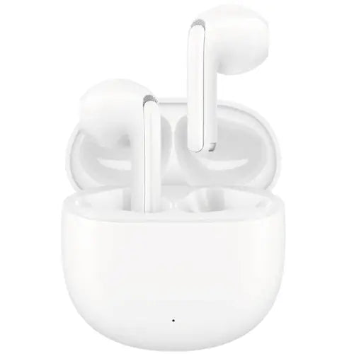 A pair of white Joyroom Funpods Series JR-FB1 True Wireless Earphones inside their charging case.