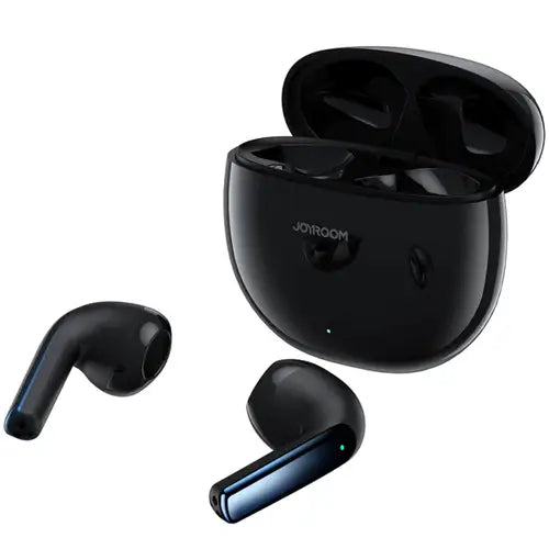 A pair of Joyroom JR-PB1 True Wireless Dual-Mic ENC Earphones in black color, with the earbuds inside an open charging case.