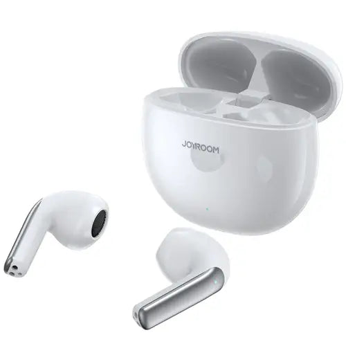 A pair of Joyroom JR-PB1 True Wireless Dual-Mic ENC Earphones in white color, with the earbuds inside an open charging case.