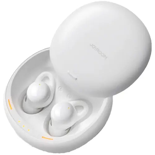 A pair of white JOYROOM JR-TS2 True Wireless Sleep ANC Earbuds inside an open charging case.