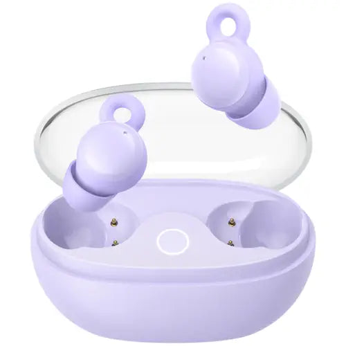 A pair of purple JOYROOM JR-TS3 True Wireless Sleep Earbuds purple charging case.