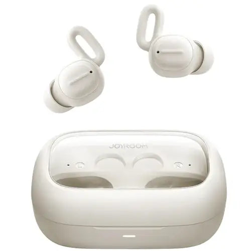 A pair of JOYROOM JR-TS3 True Wireless Sleep Earbuds white charging case.