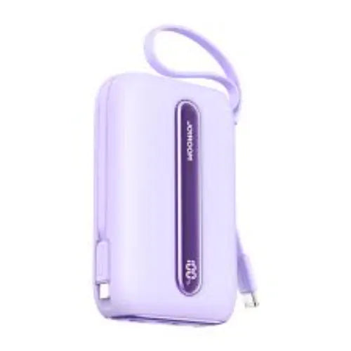 Purple JOYROOM-L012 Plus Colorful Series 22.5W Mini Power Bank With Dual Cables 20000 mAh with a strap on a white background