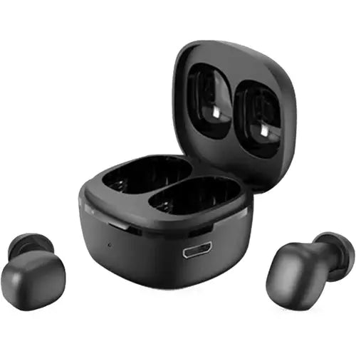 A pair of black JOYROOM MG-C05 Bluetooth TWS wireless earbuds with a charging case open. The earbuds are partially inserted into the case, indicating they are either charging or being stored.