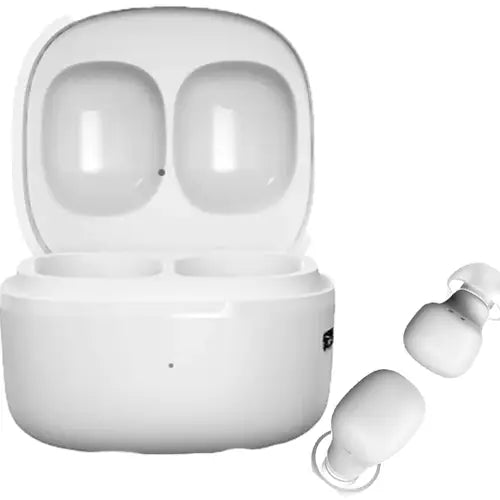 A pair of white JOYROOM MG-C05 Bluetooth TWS wireless earbuds with a charging case open. The earbuds are partially inserted into the case, indicating they are either charging or being stored.