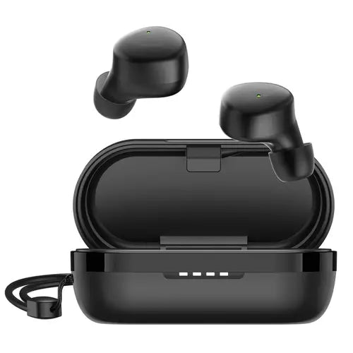 A pair of black JOYROOM Mini Portable TWS Headphone (JR-TL1 Pro)
with a charging case.