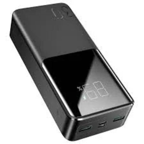 A black JOYROOM-T015 30000 mAh 15W Power Bank with a digital display and multiple charging ports.