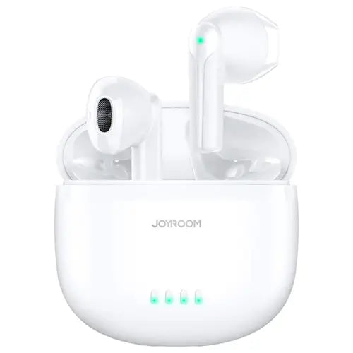 JOYROOM True Wireless Earphones Dual-Mic ENC (JR-TL11) in white colour, charging in a white case.