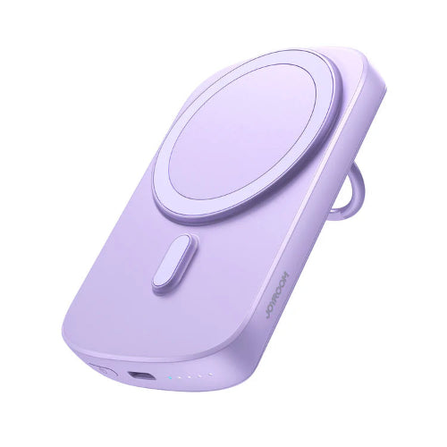 A purple JOYROOM-W030 20W 6000mAh Mini Magnetic Wireless Power Bank With Ring.