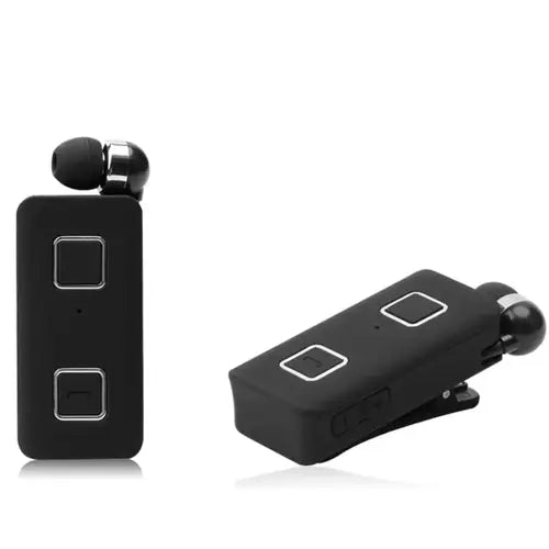 A pair of black wireless Bluetooth earphones with a clip-on design and buttons for control K35 Stereo Wireless Bluetooth Headset