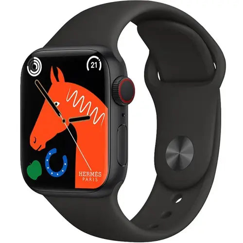 KD99 Bluetooth Calling a black smartwatch with a silicone band and a digital display showing a graphic of a horse and the Hermes brand name.