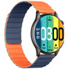 Kieslect Kr Pro A digital smartwatch with a blue and orange strap, displaying time and various health and fitness metrics on its colorful screen.
