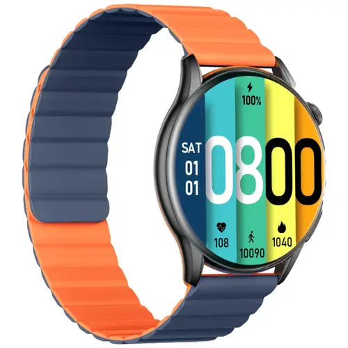 Kieslect Kr Pro A digital smartwatch with a blue and orange strap, displaying time and various health and fitness metrics on its colorful screen.