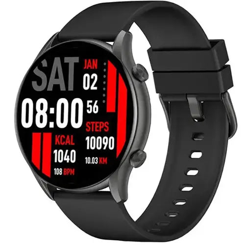 Kieslect Kr Calling A digital smartwatch with a black band and black case, displaying time and various health metrics on its screen.