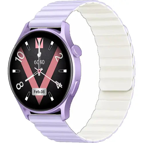 Kieslect K Lora 2 Lady A purple and white smartwatch with a silicone band and a digital display showing time and date.