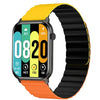 Kieslect Ks Smart A digital smartwatch with a black casing and a multicolored strap featuring orange, yellow, and black links. The watch face displays time, temperature, and various smart watch notifications.
