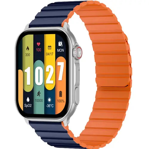 Kieslect Ks Pro A digital smartwatch with a jet blue case and a dual strap system, one part silver blue and one part orange, displaying various smart watch app icons and time.