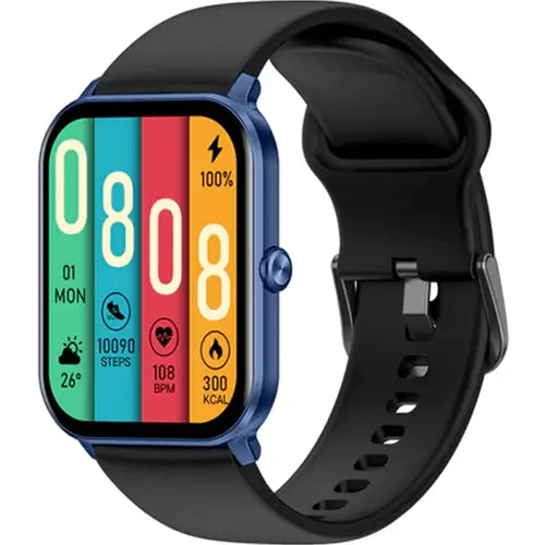 Kieslect Smart Calling A colorful digital smart watch with a black strap and a blue casing, displaying time and various smart notifications on its screen.