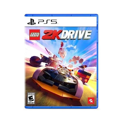 A PS5 game case for LEGO 2K Drive PS5 featuring an image of a LEGO character driving a car with a cityscape in the background.