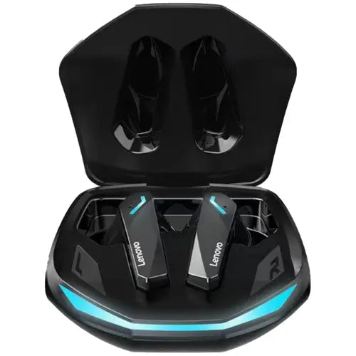Lenovo GM2 Pro TWS Wireless Earbuds in black color, with blue accents, placed inside an open charging case.