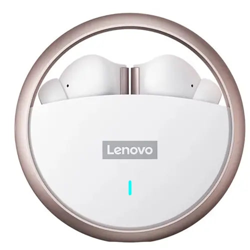Lenovo LP60 Wireless Earbuds in white color, charging case in rose gold color with the Lenovo logo visible.