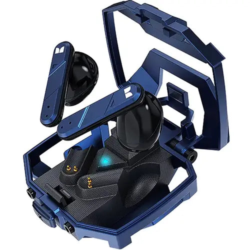 A pair of Lenovo Monster Airmars XKT09 earphones with an open foldable design, predominantly black with blue accents.