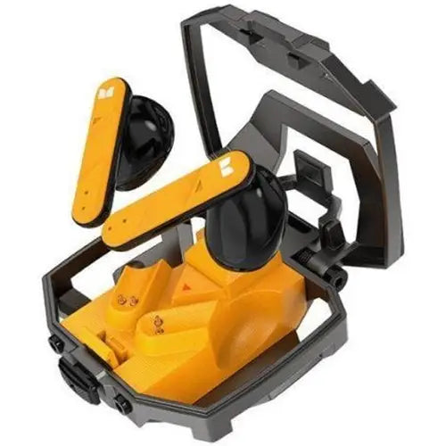 A pair of Lenovo Monster Airmars XKT09 earphones with an open foldable design, predominantly black with yellow accents.