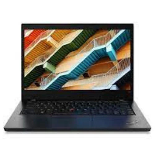 Lenovo ThinkPad L14 with a colorful abstract design on the screen against a white background