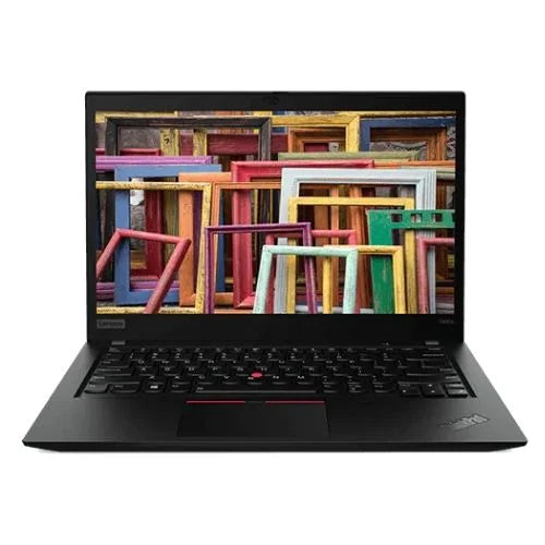 Laptop with a colorful frame design on the screen against a white background