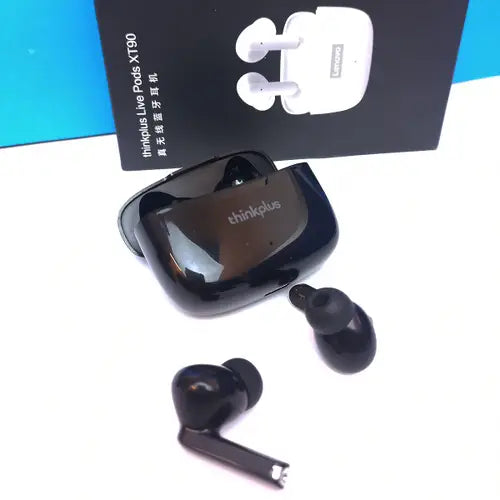 Lenovo XT90 True Wireless Earbuds displayed alongside its charging case with a black color scheme.