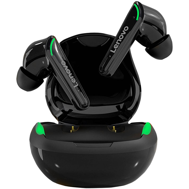 Lenovo XT92 TWS Wireless Earbuds in black color with a charging case, featuring green accents on the earbuds.