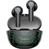 Lenovo XT95 Pro Wireless Earbuds in black color with a charging case, the case has a pattern of green lightning bolts on a black background.