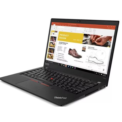 Lenovo ThinkPad T490s displaying a product design website on a white background