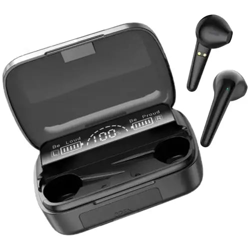 A pair of black TWS wireless Bluetooth earbuds in an open charging case M11 TWS Wireless Bluetooth Earbuds