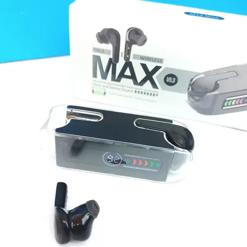 A pair M12 Max TWC Gaming Earbud black wireless earbuds displayed alongside their charging case, with the product packaging visible in the background.