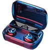 A pair of M20 TWS Wireless Bluetooth Earbuds in red and blue color, placed inside an open charging case.
