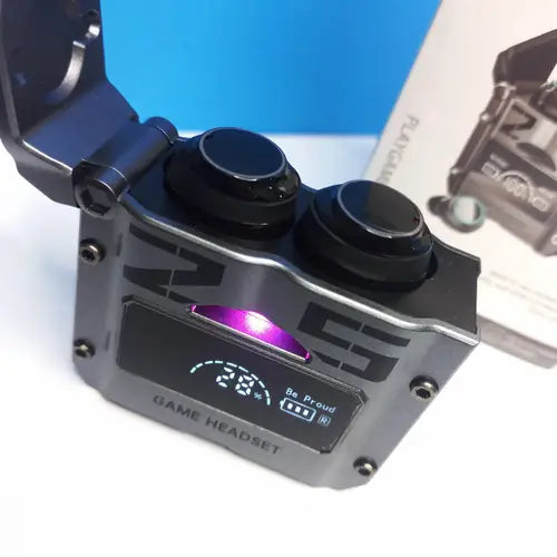 A pair of M25 Gaming Wireless Earbuds with a charging case, the earbuds are black and there are several ear tips included. A USB-C cable is also visible. 