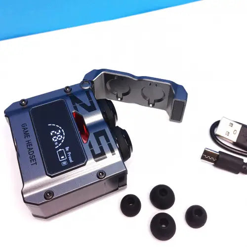 A pair of M25 Gaming Wireless Earbuds with a charging case, the earbuds are black and there are several ear tips included. A USB-C cable is also visible.